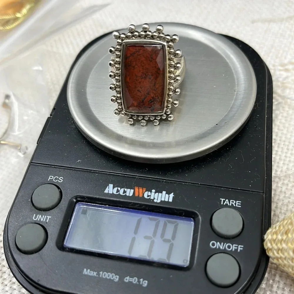 Vintage Sterling Silver Jasper Ring with Ornate Beaded Setting – Size 6.75 - Picture 12 of 14